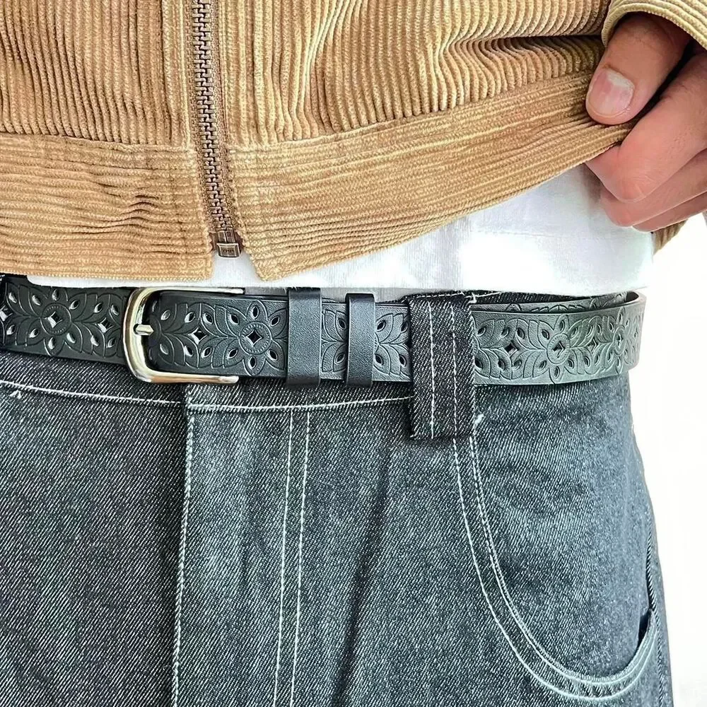 y2k vintage black american western carved floral design belt